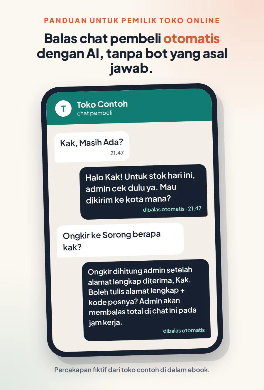 Contoh layar chat pembeli yang dibalas otomatis (percakapan fiktif)